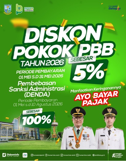 Rayakan HUT Kota Jambi dan Hari Jadi Tanah Pilih Pusako Betuah 2026, Pemkot Jambi Beri Diskon PBB dan Pembebasan Denda